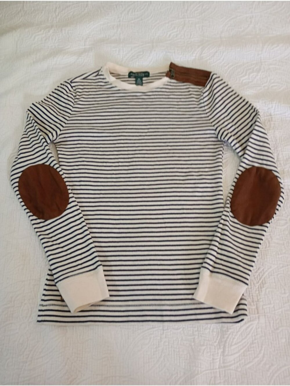 Lauren Jeans Co. Striped 100% Cotton Sweater Suede Accents XS Ivory/Navy Women